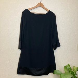 Merona Black Cocktail Dress Midi Length 3/4 Sleeves Sheer w/ Satin Detail